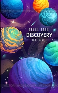 Cartoon galaxy, outer space alien planets poster - vector image