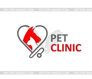 Pet clinic icon, dog and cat in stethoscope heart - vector image