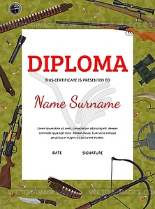 Hunter diploma hunting equipment ammo and weapon - vector image