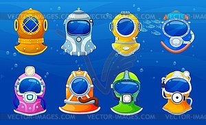 Мультяшные шлемы для дайверов или маски для подводного плавания с аквалангом - векторное изображение EPS
