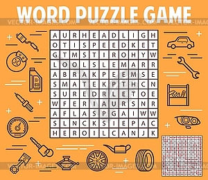 Car spare parts or service word search puzzle game - color vector clipart