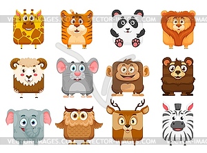 Square animal faces, kawaii cartoon zoo characters - vector image