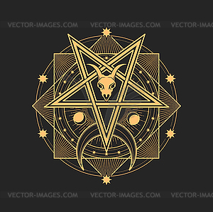 Pentagram with goat skull, octagram, crescent moon - vector clip art