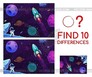 Find ten differences on galaxy space landscape - vector image