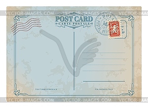 Mail vintage postcard, retro postage stamp - vector clip art