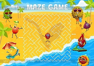 Labyrinth maze game cartoon fruits characters - vector clipart