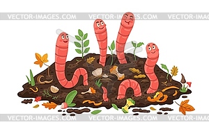 Cartoon compost worms in soil, organic bio wastes - stock vector clipart