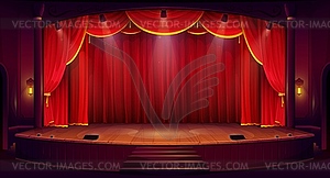 Cartoon theater stage with red curtains, scene - vector EPS clipart