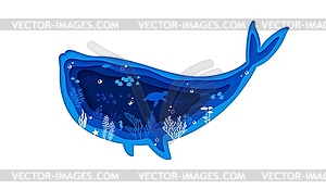 Whale silhouette, underwater paper cut landscape - vector clip art