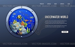 Landing page, porthole, sea paper cut underwater - vector clipart