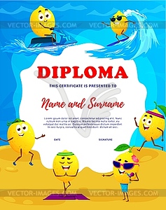 Kids diploma, lemon characters on beach vacation - vector image