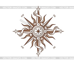 Vintage wind rose compass with ribbons, star, sun - vector clipart