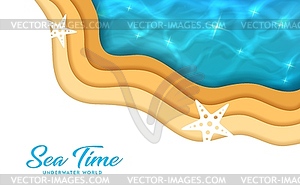 Sea wave paper cut banner, beach with starfish - vector image