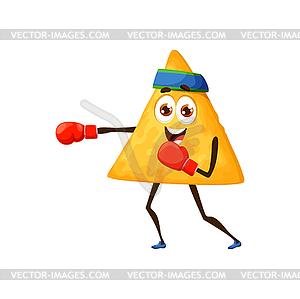 Cartoon Mexican nachos character boxing, fast food - vector clipart