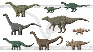 Персонажи динозавров в пиксельной графике, 8-битные игровые динозавры - векторная графика