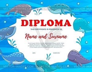 Kids diploma with cartoon cachalot or sperm whale - vector image