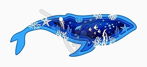 Sea whale silhouette on underwater paper cut - vector clip art