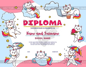 Kids diploma with cartoon cute caticorn characters - vector clipart