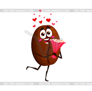 Cartoon happy coffee bean character with flowers - vector image