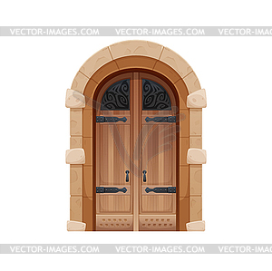 Cartoon medieval castle gate, wooden double door - vector clip art