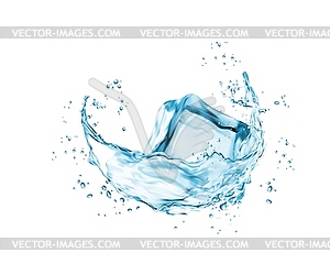 Transparent ice cube in air with water splash - royalty-free vector clipart