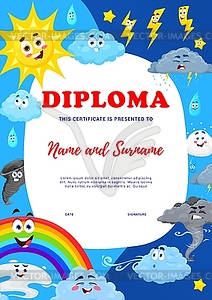 Kids diploma with cartoon weather characters - vector image