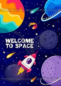 Cartoon space poster with rockets and planets - vector image