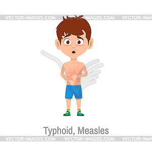 Typhoid measles kid disease, sick boy - vector image