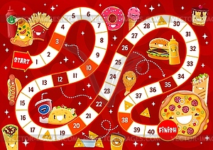 Step board game, cartoon takeaway fast food - vector clipart