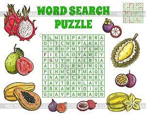 Tropical raw fruits word search puzzle worksheet - vector clipart