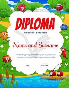 Kids diploma cartoon cheerful berries on lake - vector image