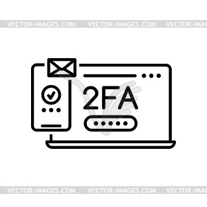 2FA, two factor verification through laptop, phone - vector image