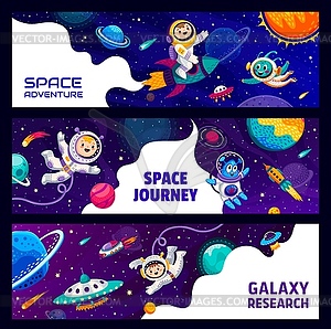 Kid astronauts and cute aliens in outer space - vector clip art