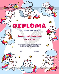 Kids diploma cartoon cute caticorn characters - vector clipart