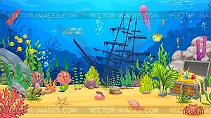 Underwater game landscape with treasure chest - vector image