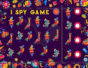I spy game, Mexican Brazilian parrots floral motif - color vector clipart