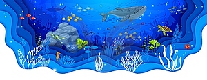Cartoon whale, tropical fish, turtle and seaweeds - vector image