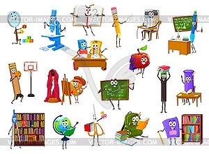 School supply stationery cartoon characters set - vector clipart