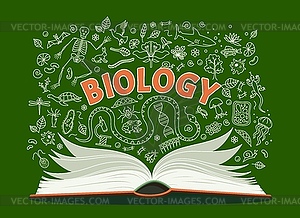 Biology textbook, school book and anatomy symbols - vector image