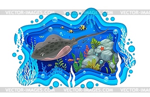 Мультяшный скат, вырезанный из морской бумаги, подводная рыба - векторный дизайн