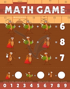 Рабочий лист математической игры с мультяшными тараканами на кухне - изображение в векторном формате