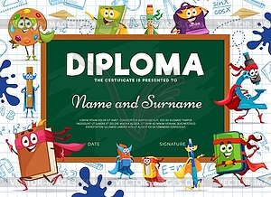 Kids diploma cartoon school superhero characters - vector clipart