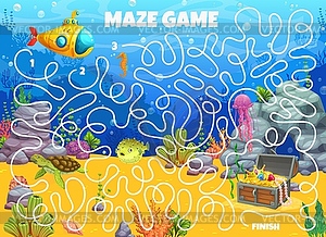 Labyrinth maze game, submarine, underwater bottom - vector image