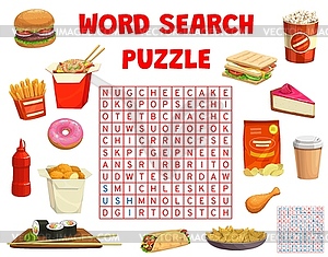 Fast food snacks word search puzzle game worksheet - vector image