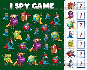 I spy game worksheet cartoon stationery superhero - vector clipart