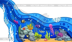 Мультяшный подводный, вырезанный из бумаги морской пейзаж с рыбками - векторное изображение