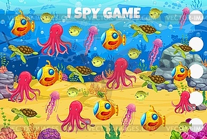 I spy game with sea animals, underwater landscape - vector image