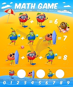 Math game worksheet with cartoon fruits on beach - vector clipart