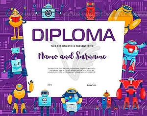 Kids diploma. Cartoon robot and droid characters - vector clip art