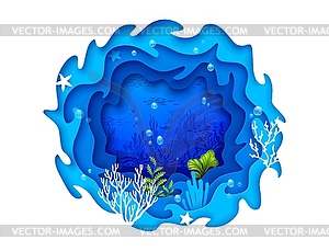 Cartoon tropical sea paper cut landscape 3d art - color vector clipart